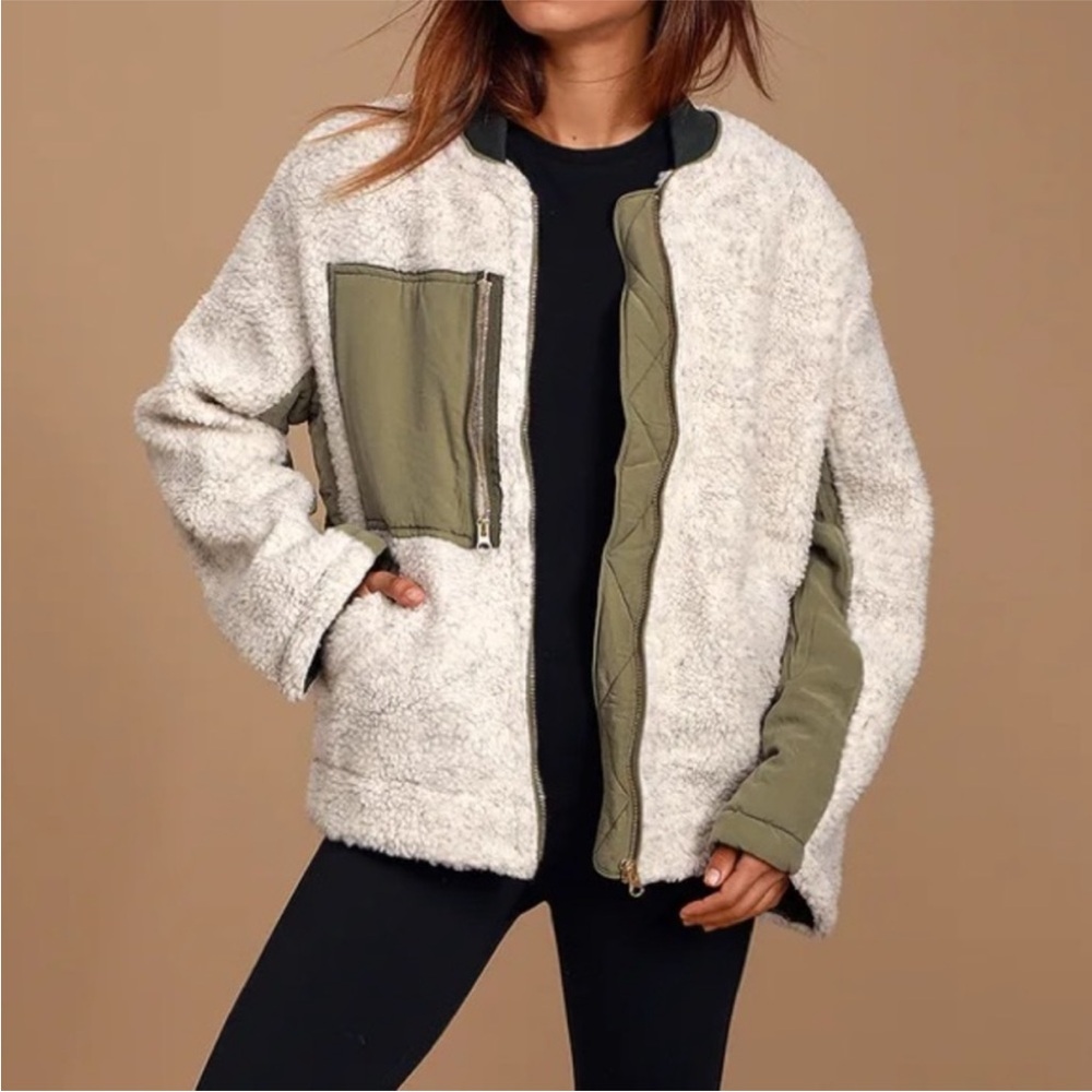 Free People We The‎ Free Rivington Olive Green and Ivory Sherpa Jacket